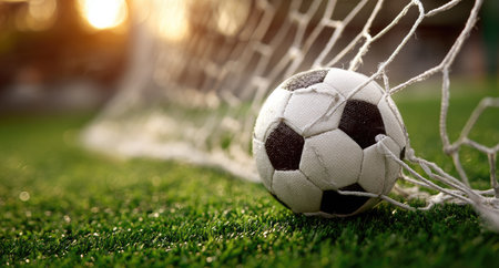 A soccer ball rests inside a net on green grass, illuminated by warm sunlight. The image showcases black and white segments of the ball and the texture of the net. The composition suggests an outdoor setting with focus on the sport, suitable for various promotional and design applications.の素材