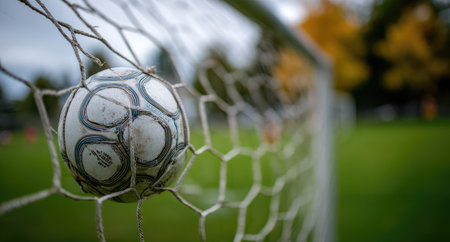 A soccer ball rests inside the net of a goal, set on a green field. The close-up captures the texture of the net and ball against a blurred backdrop. The composition suggests a daytime outdoor setting with possible applications in sports-related content or advertising material.の素材