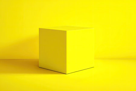 A single, bright yellow cube sits centered, bathed in consistent yellow light. The background mirrors the cube's hue, creating a seamless, minimalist presentation. This image uses solid colors and clean lines, perfect for advertising, product showcasing, or design projects requiring a vibrant, uncluttered aesthetic.の素材