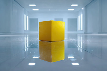 A bright yellow cube is centrally positioned in a futuristic, minimalist interior. The glossy floor reflects the cube and surrounding environment. Cool blue and white tones dominate, and the symmetrical composition creates a sense of order. This image can be used for various design and conceptual projects.の素材