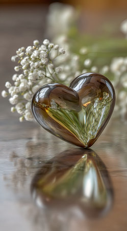 A glass heart sculpture is the focal point, reflecting on a polished surface. Delicate white flowers provide a soft background. The composition uses natural lighting to accentuate the translucent qualities of the heart. This image is suitable for various design and editorial projects.の素材