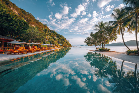 A scenic resort pool reflects a partly cloudy sky and surrounding landscape. Palm trees line the shoreline, and seating areas offer relaxation near the water. This image, capturing a serene atmosphere, could be used for travel publications or promotional materials related to vacation destinations.の素材