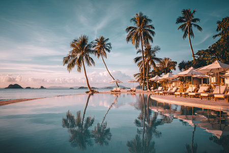 A serene coastal scene features a resort with palm trees reflected in a calm pool of water. Soft sunlight bathes the area. The composition shows beach umbrellas and lounge chairs. The image is suitable for various commercial projects, including travel or hospitality.の素材