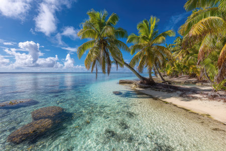 A coastal landscape showcases a clear blue sky over translucent turquoise water. Palm trees line the sandy shore creating a natural border. The composition features natural sunlight and a tranquil ambiance suggesting a relaxing environment. Suitable for various commercial and editorial purposes.の素材