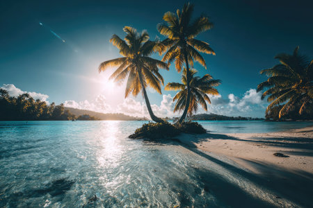A scenic view showcases palm trees situated on a sandy beach, surrounded by clear, turquoise water. The image presents a bright, sunny daytime environment with a vast blue sky. This imagery could be employed in a variety of applications, including travel promotion and visual storytelling. The composition emphasizes a sense of relaxation.の素材