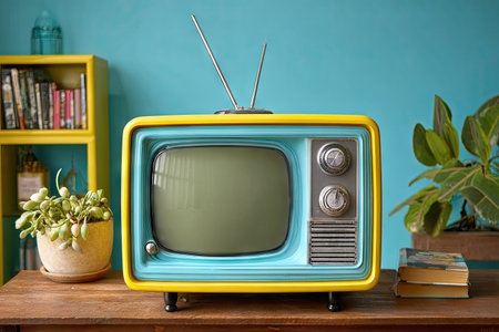 A colorful vintage television set is centered on a wooden surface, with a light blue wall as a backdrop. The television features a yellow and blue design, and the scene is illuminated by soft, natural light. The image could be useful for illustrating themes related to retro technology, home decor, or media.の素材