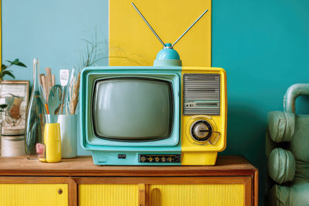 A vintage television set sits on a wooden cabinet, set against a backdrop of color-blocked walls. The television features a turquoise body with yellow accents and antenna. A collection of assorted items are partially visible, suggesting an indoor domestic setting. This image can be used for editorial and commercial purposes.の素材