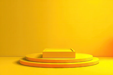 A vibrant yellow podium is centered, with a rectangular top and circular steps, set against a solid yellow background. The smooth surfaces suggest a studio environment, illuminated by diffused lighting. This image is suitable for showcasing products or services in advertising and marketing campaigns.の素材