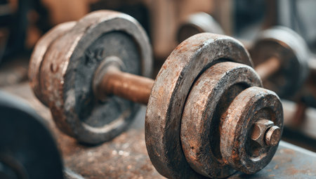 A close-up shows a weathered dumbbell, featuring circular metal plates connected by a central bar. The piece displays a worn texture and a muted color palette of browns and grays. The image's composition suggests a gym or workshop environment with selective focus, suitable for illustrating concepts of strength and exercise.の素材