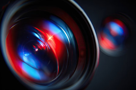 An abstract, close-up photograph features a camera lens with striking light refractions. The image presents a combination of red and blue colors, possibly due to internal reflections. The glossy textures and dynamic composition suggest a modern aesthetic suitable for conceptual or technical imagery. The shot could be used in various commercial applications.の素材