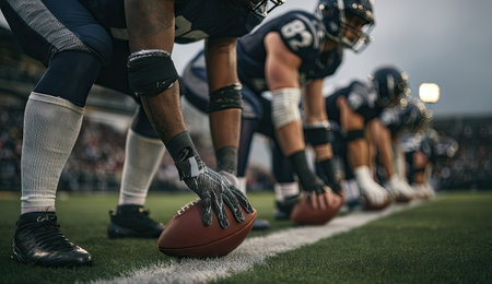 A group of football players are poised in a line at the start of a game. They wear dark uniforms and protective gear on a green grass field. The close-up composition highlights the players' hands on the ball and athletic stance, possibly for sports and advertising.の素材