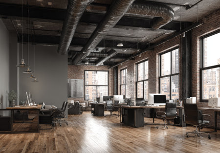 A spacious office interior showcases exposed brick walls and ductwork, featuring workstations with computers and chairs. Abundant natural light streams through large windows. The scene is characterized by a warm color palette and a sense of openness. Suitable for various commercial applications.の素材