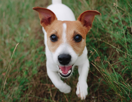 A close-up of a Jack Russell Terrier dog with its mouth open. The dog has a white and brown coat, with visible pink ears and a black nose. The composition includes the dog against a backdrop of green grass. This image may be suitable for advertising, pet care resources, or editorial content.の素材