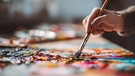 A close-up shot features a hand holding a paintbrush, actively applying oil paint onto a canvas. The artwork displays a vibrant mix of colors and textures. Soft lighting suggests an indoor studio setting suitable for creative pursuits and editorial content.の素材