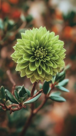 A close-up captures a vivid green dahlia flower, showcasing its intricate petals. The composition emphasizes the flower's details, highlighted by soft natural lighting. The blurred background creates a visual contrast, enhancing the flower's prominence. This image is suitable for various design projects, including botanical illustrations or decorative purposes.の素材