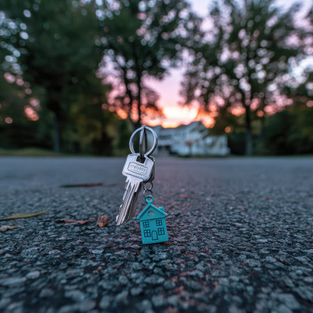 A set of keys with a house-shaped charm rests on an asphalt surface. The composition emphasizes depth of field with a blurred background. The scene includes a sunset, casting a warm, colorful light across the image, potentially suitable for property or home-related illustrations.の素材