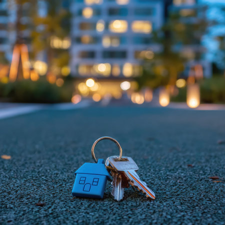 A pair of keys with a house-shaped keychain is lying on a dark surface. The keys are silver, attached to a metal ring. The backdrop showcases a blurred building. The image employs selective focus, with soft lighting. Its uses might include real estate, security, or home-related themes.の素材
