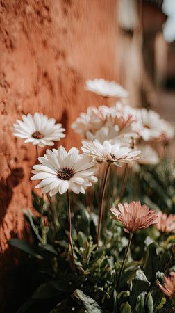 Several white and pink flowers bloom against a textured orange wall. The composition presents a shallow depth of field, with soft lighting and blurred background elements. This image could be used for various commercial purposes, including decorative design and editorial content. Focus is on nature and floral beauty.の素材