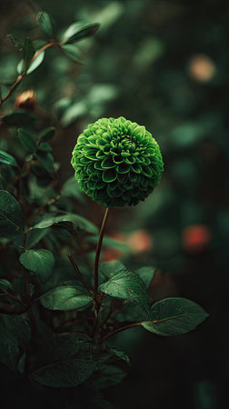 A close-up captures a unique, spherical green flower head set against a blurred background of foliage. The image features a textured surface and a natural color palette dominated by varying shades of green. This photograph's composition and aesthetic qualities are well-suited for various commercial applications.の素材
