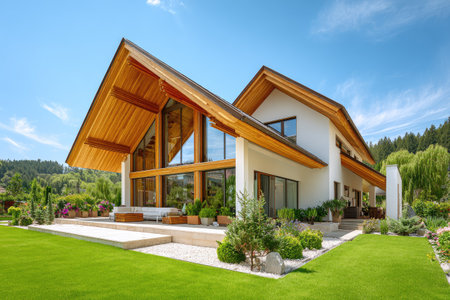 A contemporary home is displayed with a wooden frame. Its architecture highlights spacious windows, providing sunlight. The exterior features a manicured lawn and diverse greenery. This image could be used to represent real estate, architecture, design, or lifestyle content in a variety of applications.の素材