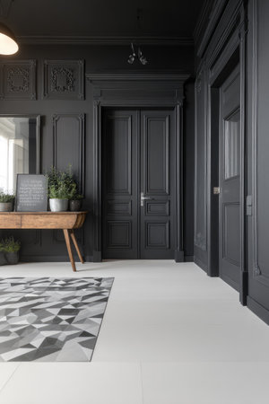 This image showcases a sophisticated interior design featuring black walls, doors, and trim. A wooden table holds plants and decorative items, with a geometric rug on the light-colored floor. The scene is bathed in soft lighting, suggesting a modern and stylish atmosphere. Suitable for various design, decor, and architectural projects.の素材