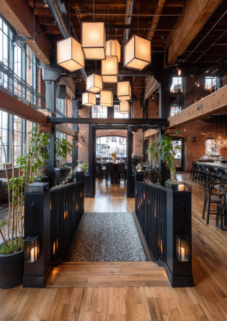 This interior shot showcases a sophisticated space with a mix of textures and materials. The composition features a central pathway leading to a dining area, illuminated by unique geometric lighting. Architectural elements include exposed beams and dark wood accents, suggesting a high-end establishment suitable for various commercial uses.の素材