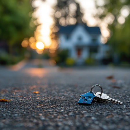 A house key rests on a paved road with a blurred background. The key is close-up in the foreground, and a house is subtly visible. Soft sunlight bathes the scene, creating a warm ambiance. Suitable for real estate, property, and homeownership concepts, this image could be used for various commercial projects.の素材