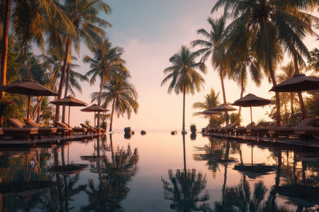 A serene tropical resort is shown with a pool reflecting the sky and palm trees. Lounging areas with umbrellas are visible. The warm color palette, with shades of orange and blue, suggests a sunset. The composition creates a sense of relaxation and could be used for travel or lifestyle purposes.の素材