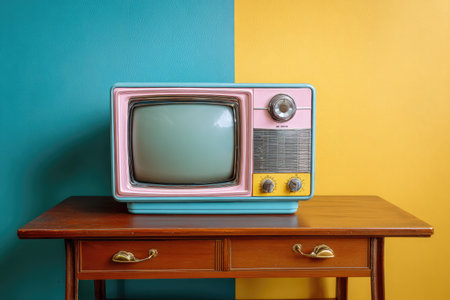 A retro television sits atop a wooden table, positioned before a striking two-toned backdrop. The television features a pastel blue and pink color scheme, with yellow accents. The composition highlights the technology against a color block background, suitable for various commercial or editorial uses.の素材