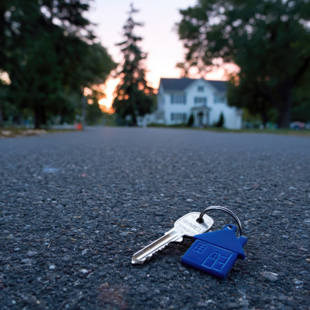 A key and a blue home-shaped keychain rest on an asphalt road in soft focus. The image features a shallow depth of field, with the key in sharp focus. The setting appears to be outdoors with a house and trees in the distance, bathed in warm sunset light. Suitable for real estate, property, or investment concepts.の素材