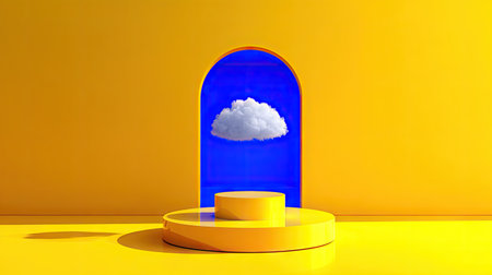 A stylized composition showcases a cloud suspended within a blue archway, resting atop a yellow platform. The image features a bright, clean aesthetic, with contrasting colors and soft lighting. Suitable for digital art, product presentations, or conceptual designs. It presents a minimalistic, commercial backdrop.の素材