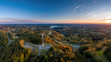 An expansive aerial view captures wind turbines amidst a lush forest setting under a twilight sky. The scene showcases a wide composition with trees and wind turbines. The image uses a warm color palette of oranges and blues, and is suitable for commercial and editorial use in illustrating renewable energy.の素材