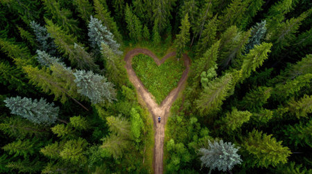 An overhead perspective presents a verdant forest with a path forming a heart symbol. The image displays varied shades of green, creating a rich texture. The composition features dense tree canopies and a central path, suggesting an outdoor setting. This could be used for themes related to love, nature, or environmental projects.の素材