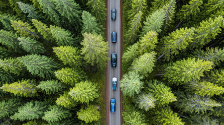 An overhead shot presents a road traversing a lush forest, with several cars traveling along it. The dense composition features vibrant green trees and the textured road creating a sense of depth. This image showcases the harmony between nature and transportation and can be used for various illustrative purposes.の素材