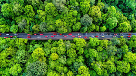 An overhead shot shows a road cutting through a lush, green forest canopy. The scene presents a high angle with dense foliage surrounding the road. Many vehicles travel along the roadway. This image could be used for environmental themes, transportation projects, or conceptual designs.の素材