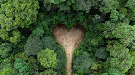 An aerial perspective captures a heart-shaped clearing carved into a dense green forest. A figure walks along a path within the heart, framed by vibrant treetops. The composition emphasizes contrast between natural forms and geometric shapes, ideal for concepts like nature and love, suitable for various commercial projects.の素材