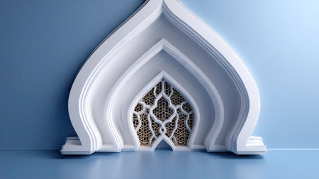 A detailed view showcases an abstract white architectural element with layered arched forms. The design features intricate ornamental patterns set against a gradient blue background. The scene is evenly lit with soft lighting, suggesting indoor studio conditions, suitable for various design and artistic applications.の素材