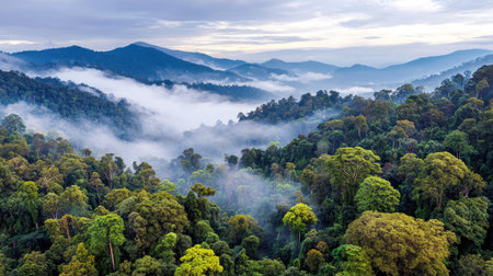 This image depicts a vibrant green forest extending towards a distant mountain range. The composition features a layered effect with visible mist and clouds adding depth. The scene suggests an outdoor environment, likely captured during daylight. Suitable for commercial projects illustrating nature, travel, or environmental themes.の素材