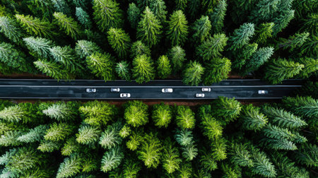 An aerial photograph showcases a road winding through a vibrant green forest. The composition provides an overhead perspective, emphasizing the dense canopy and the linear pathway. The image features natural lighting and rich colors, suitable for various editorial and commercial projects, representing nature and travel themes.の素材