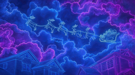 An illustration depicts a Santa Claus sleigh drawn by reindeer against a backdrop of stylized clouds. The image features a vibrant palette of blues and purples, illuminated with a neon glow. The houses below are rendered in a simple outline style, suggesting a nighttime setting. This image can be used for festive designs.の素材