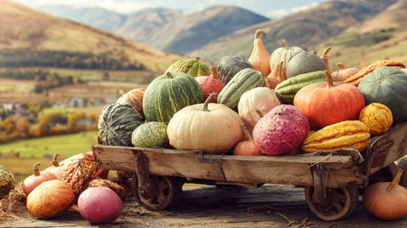 A wooden cart is overflowing with diverse pumpkins and gourds. The vegetables display a range of colors and textures. The warm, natural lighting suggests an outdoor setting. Suitable for illustrating seasonal themes. Ideal for use in commercial and editorial projects related to food.の素材