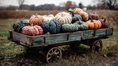 A variety of pumpkins rest inside a weathered wagon, captured outdoors. The image displays diverse colors and textures, including various shades of orange, green, and white. The composition suggests a rural environment, likely during the autumn season. This image could be utilized in editorial and commercial projects.の素材