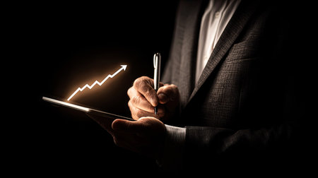 A person in a business suit is depicted in low-key lighting, holding a tablet and pen. A glowing upward-pointing arrow suggests financial growth and analysis. The image displays a textured jacket and a dark setting, suitable for various business and finance related projects and articles.の素材