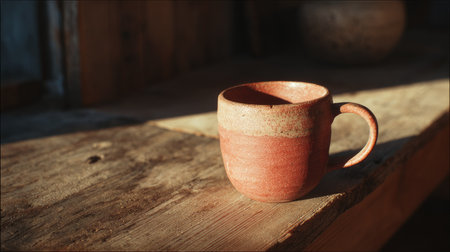 A ceramic mug is placed on a weathered wooden surface, bathed in warm sunlight. The mug features earthy tones and a rustic texture. The close-up composition highlights the object's details with soft lighting, suggesting an interior setting. The image is suitable for various commercial and editorial applications.の素材