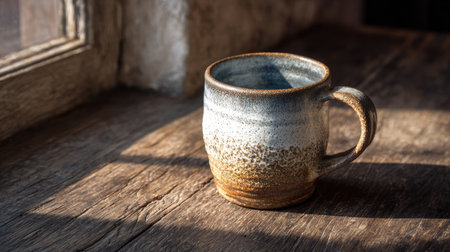 A ceramic mug sits on a weathered wooden surface, illuminated by sunlight streaming through a window. The mug displays a mix of brown and white tones, hinting at a rustic texture. The composition highlights natural lighting and shadows, suitable for various commercial and editorial projects.の素材