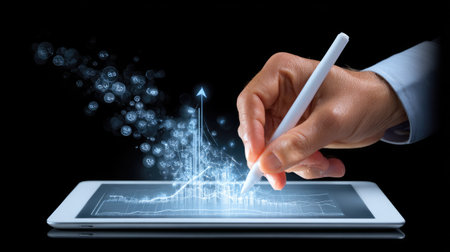 A hand uses a stylus to interact with a tablet displaying data visualization. The image highlights a modern, technology-driven concept with blue light effects against a dark backdrop. This visual could be used in presentations or to illustrate business analytics, data processing, or future technology.の素材