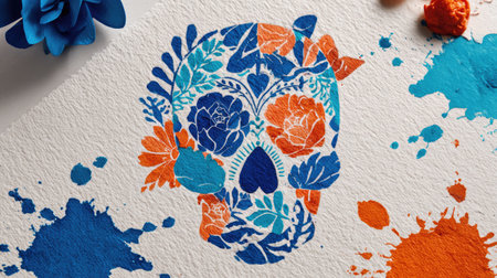 An artistic illustration depicts a skull adorned with floral patterns, featuring vibrant blue and orange hues. The artwork showcases a textured surface with colorful ink splatters, suggestive of creative expression. This composition may be suitable for a variety of design projects, marketing materials, or decorative applications.の素材