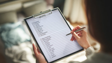 A person holds a clipboard with a handwritten checklist, using a pen to mark items. The scene has a soft focus, with natural lighting illuminating the clipboard and hand. The composition is from an overhead perspective. This image could be used in articles about planning or task management.の素材