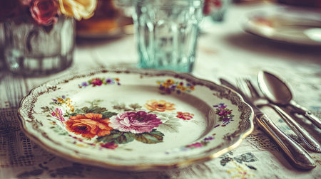 A detailed shot highlights an antique plate decorated with colorful floral patterns, set on a table. Silverware and a glass are positioned nearby, suggesting a meal setting. The image displays soft lighting and a shallow depth of field, suitable for various applications, including lifestyle and food-related projects.の素材