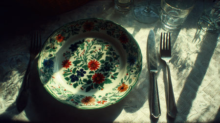 An overhead shot shows a decorated plate with floral patterns and accompanying silverware on a table. The plate features colorful flowers. Natural light casts shadows across the surface. This image could be used for editorial or commercial purposes, such as illustrating dining or tableware.の素材